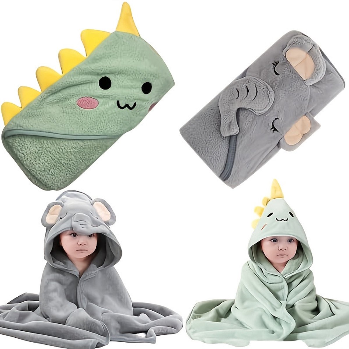 Baby Badcape Set 2 Stuks – Olifant & Dinosaurus Capuchon – Superabsorberende Microvezel Badhanddoek – Cadeau voor Pasgeborenen