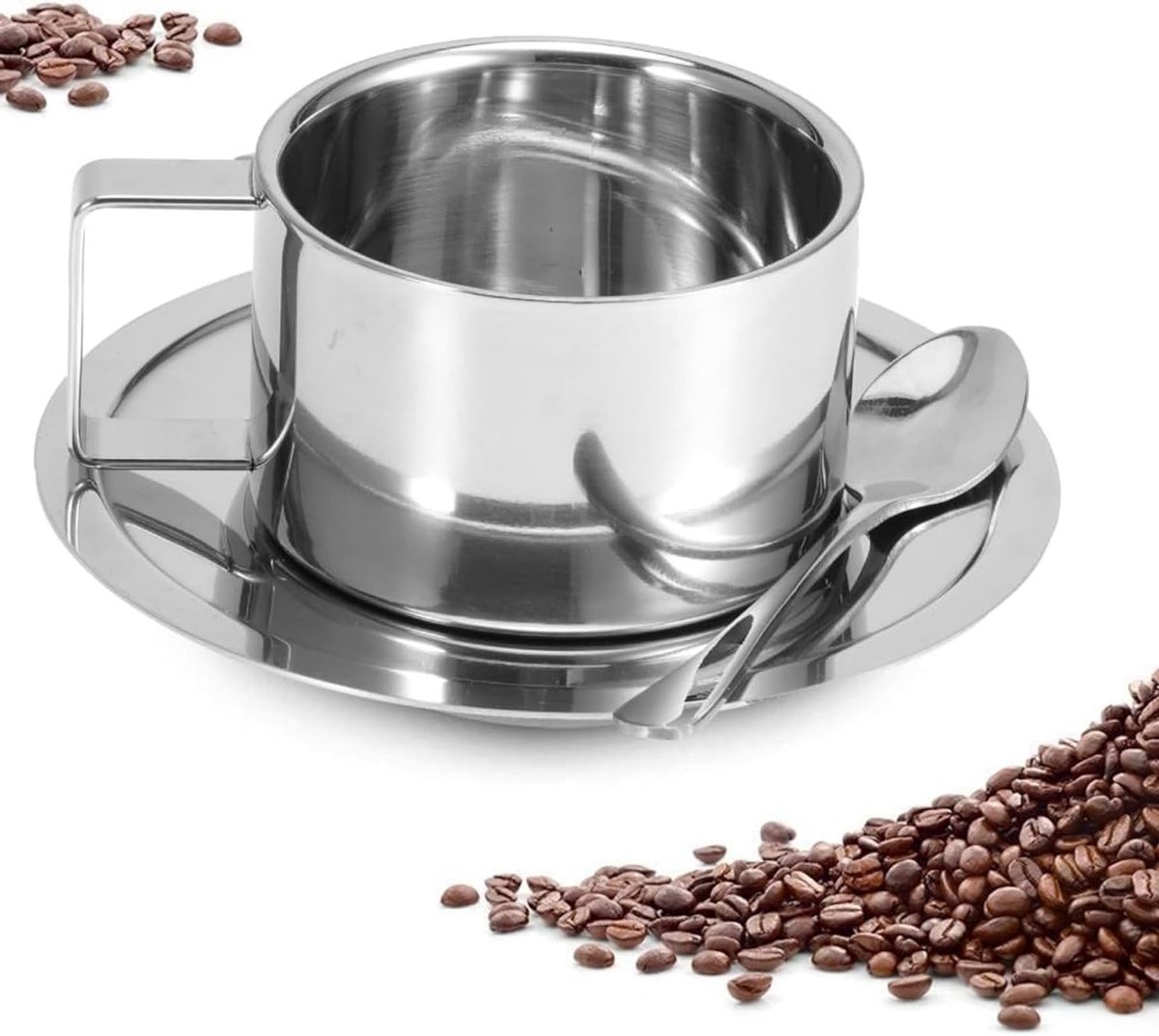 Set van 3 RVS Dubbelwandige Koffiekoppen met Lepels en Schotels voor Latte, Cappuccino en Espresso - Ideaal voor Koffieliefhebbers en Keukenaccessoires