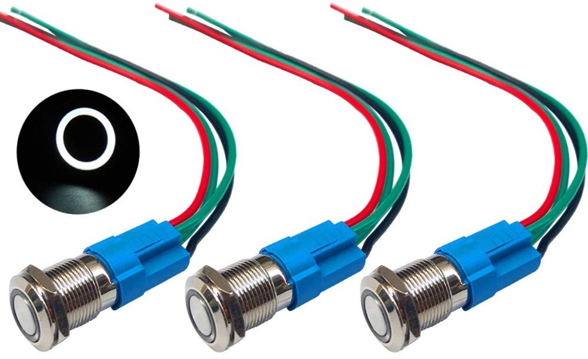 Premium 12V/24V 3A Momentary Drukknop Schakelaar met Witte LED, RVS IP66 Waterdichte Startknop voor Auto's met Stekker en Draad