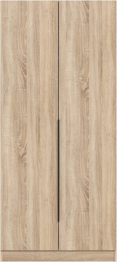 Houten kledingkast met twee deuren en een zwarte handgreep in het midden.