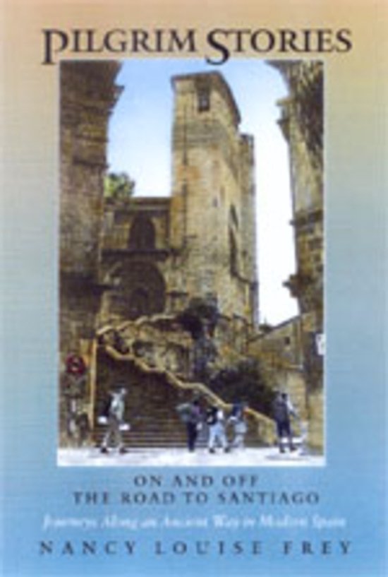 Boek "Pilgrim Stories" met een afbeelding van een stenen trap in een oude stad, met mensen die erop lopen. Tekst: "PILGRIM STORIES ON AND OFF THE ROAD TO SANTIAGO NANCY LOUISE FREY".
