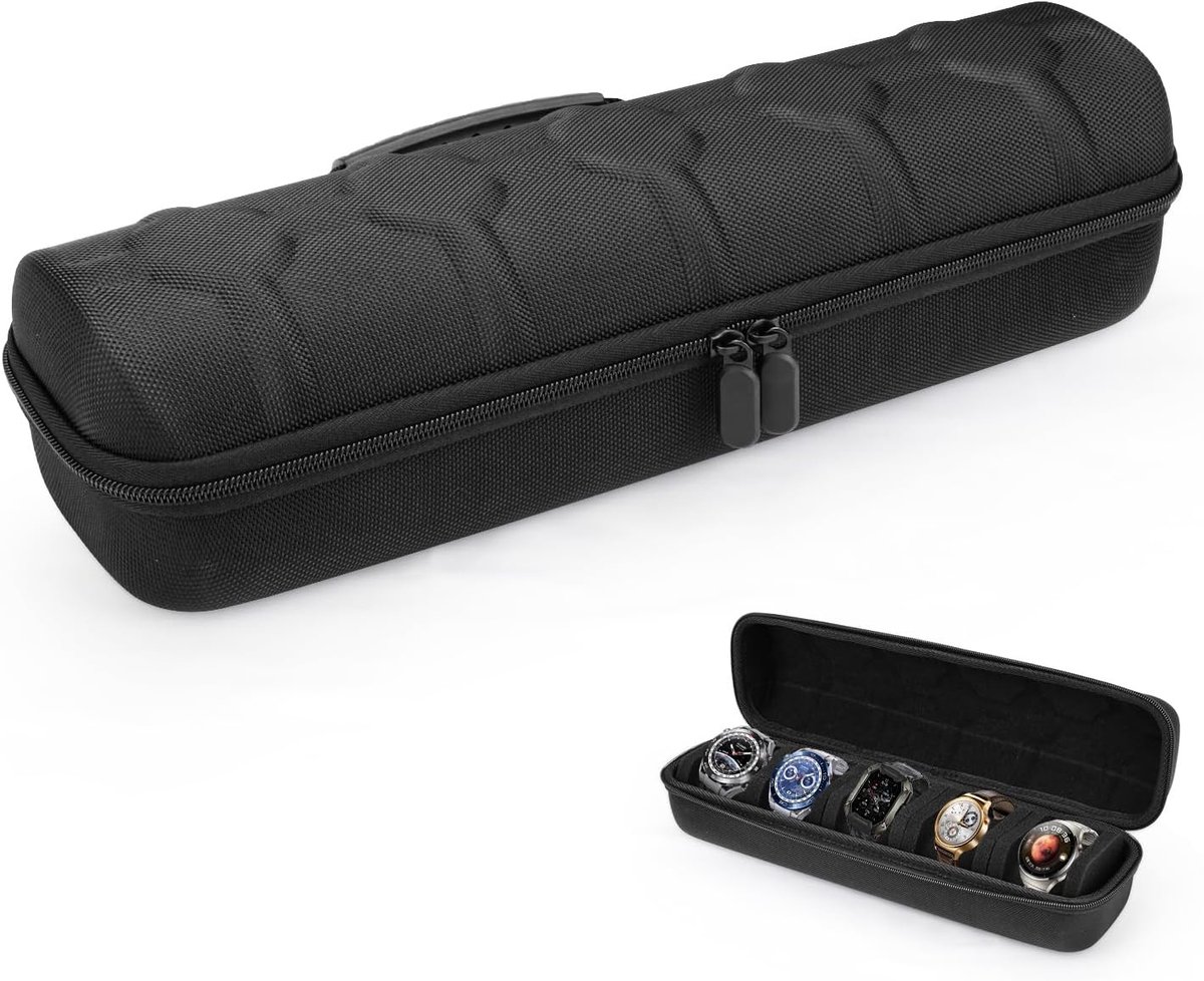 5 Slots Hard Watch Travel Case - Portable Double Zipper - Watch Roll Storage Organizer Box met Soft Foam Cushion Handle voor Mannen en Vrouwen - Zwart