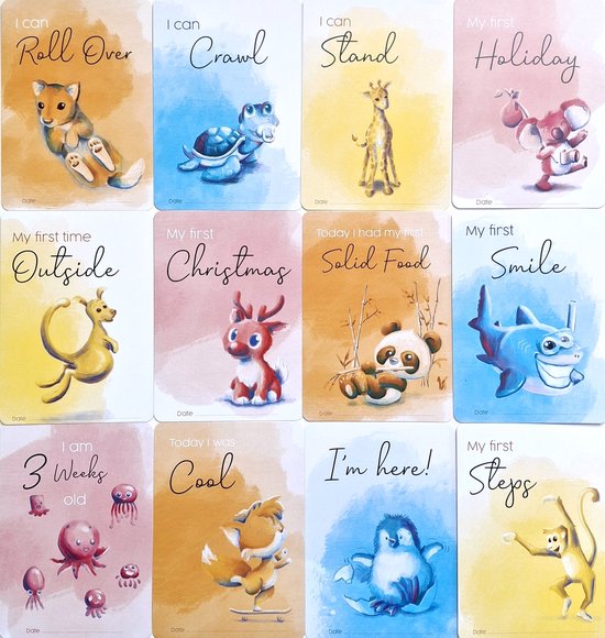30 Baby Milestone Photo Cards - for Baby's first year - Happy Baby Animal theme - unisex Babyshower gift - A6 size — afbeelding 5