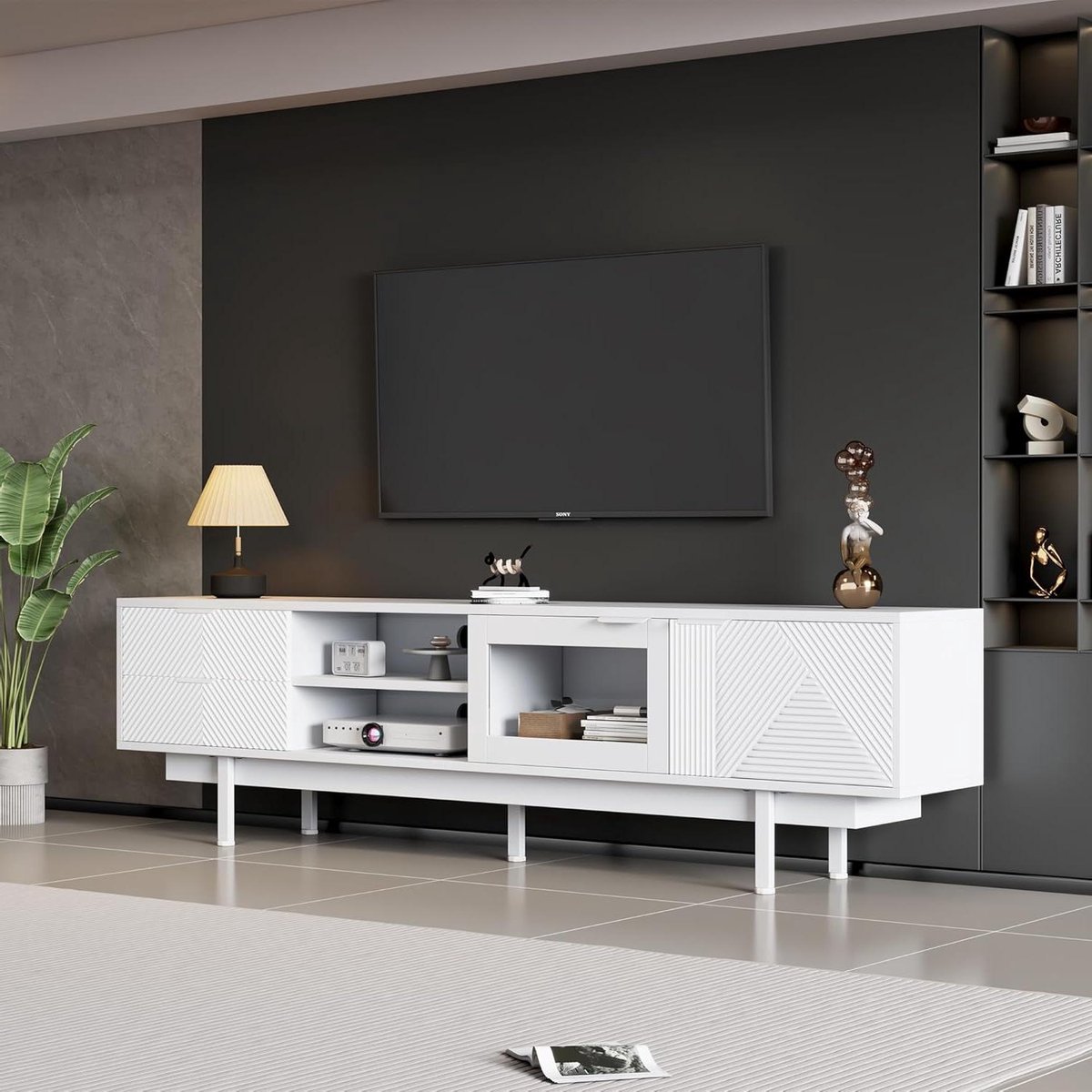 Tv-kast - Tv-meubel TV meubel - Media Opslag - Transparante glazen deur - 200 cm lang - Wit