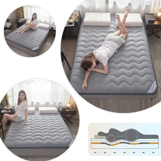 Japanse Vloermatras - Futon Matras Topper - Comfortabel Slapen - Opvouwbaar en Draagbaar - 120x200cm - Grijs — afbeelding 4