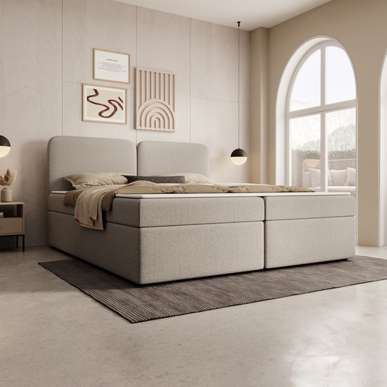 Meubella - Belgravia - Boxspring opbergruimte - Stof beige - 180x200 cm