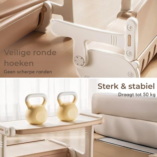 Beige en witte kinderbureau met ronde hoeken en een stevige basis die tot 50 kg kan dragen.