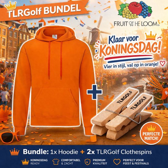 Oranje Hoodie Heren Fruit of the Loom (Maat XXL) - Koningsdag Kleding - Oranje Trui Heren (Inclusief 2 TLRGolf Wasknijpers)