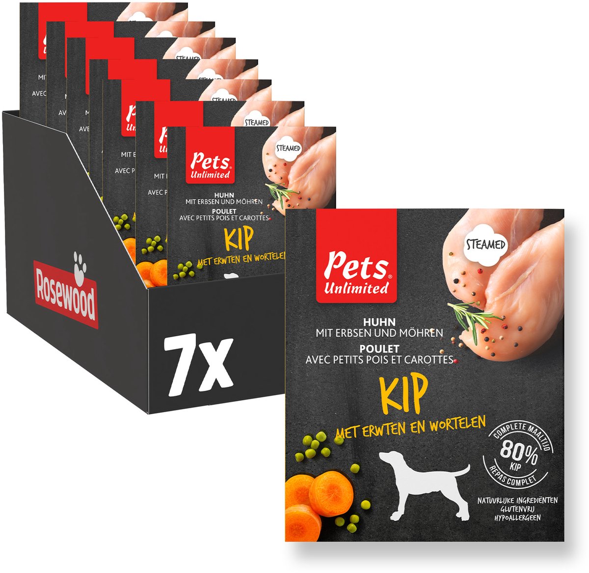 Pets Unlimited - Honden Natvoer -Kip - Gestoomde Maaltijd - 7 bakjes x 395g