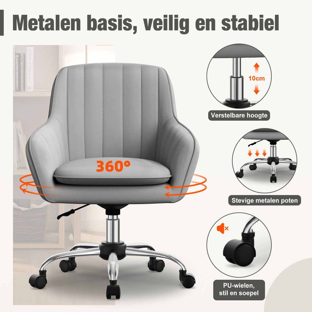 Hiaonyx Bureaustoel-Ergonomische bureaustoel-bureaustoelen voor volwassenen-Dubbel gelaagd zitkussen-360 graden draaibaar-Metalen onderstel-Grijs thumbnail 3