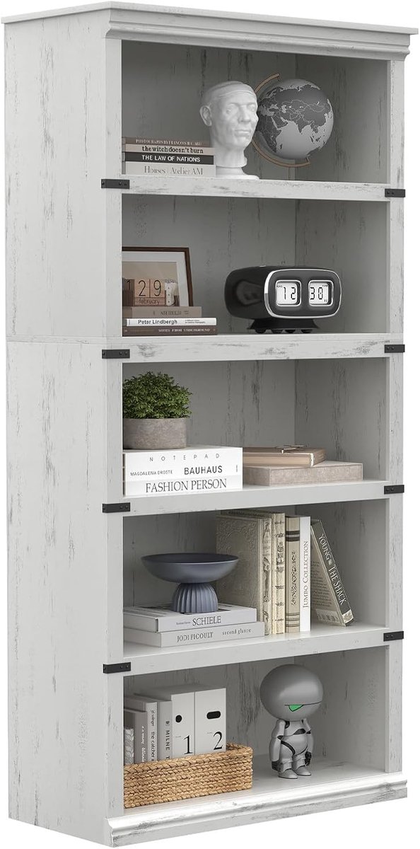 HOERFURIY Hoge Boekenkast met 5 Planken - Klassieke Houten Vakkenkast - Opbergkast voor Woonkamer & Kantoor - 171 cm Hoog - Wit