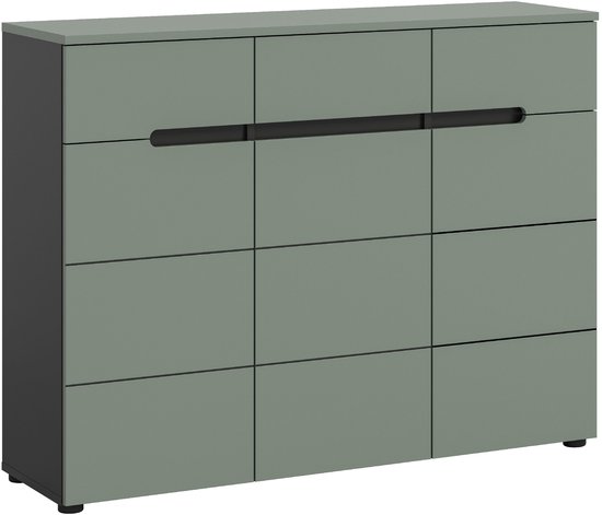 Meuble à chaussures Canu 3 portes, 3 tiroirs vert poussière, gris foncé.