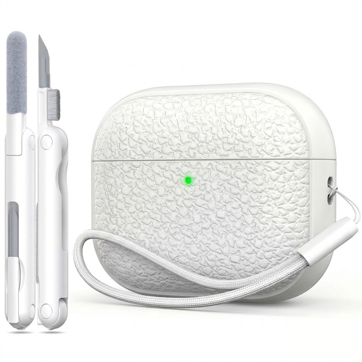 Wit hoesje voor oordopjes unisex met textuur en draagkoord geschikt voor AirPods Pro 3 inclusief reinigingsset en TPU beschermhoes