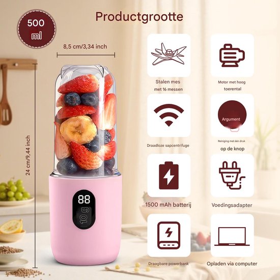 carmdering - Frullatore Portatile - Mini Blender Draagbaar - Elektrische Juicer - Digitale Display - 20800 RPM Snelheid - R16 Bladen -500mAh Batterij - Draadloos Gemak - 1Stuk - Roze van Carmdering — afbeelding 3