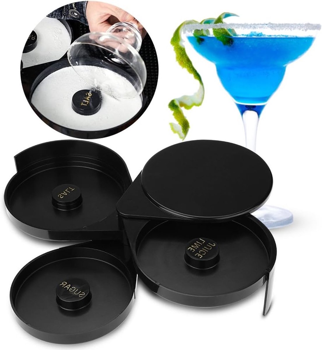 Professionele Margarita Zout Rimmer voor Cocktails, 3-Fasen Rotating Tray voor Suiker en Zout, Ideaal voor Bartenders en Thuisgebruik met Limoensap en Cocktailglazen