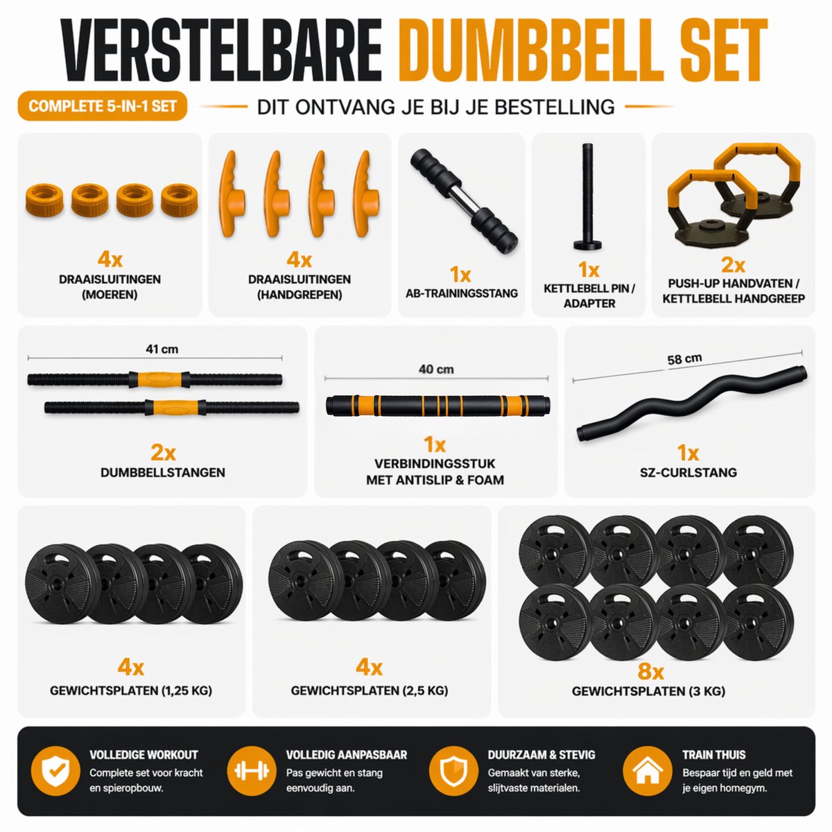 Gewichten Set voor Dumbbells Barbell en Kettlebells - 40KG Verstelbare Halterset met Extra Veiligheidsmoer & Slot - Thuis Fitness – foto 6