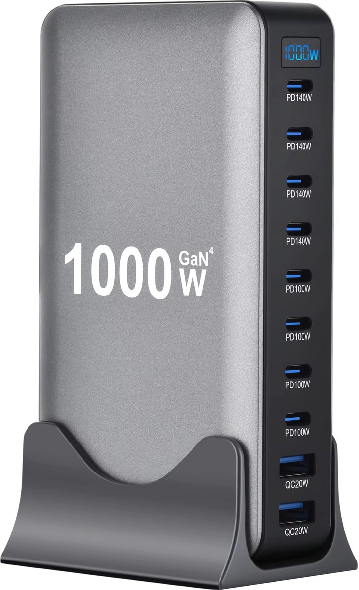 Desktop Oplader Hub 1000W GaN4 – 10 Poorten Oplaadstation (8x USB-C, 2x USB-A) – Snellader / Fast Charger – Universele Lader Geschikt voor Iphone en Samsung