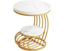 SOLEA Luxe Gouden Bijzettafel – Ronde Bijzettafel - 2 Laags - Faux Marmeren Blad - Woonkamer - Slaapkamer - Modern - Wit - Goud