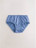 Blauwe onderbroek met witte bloemenprint, strikje en kanten rand.