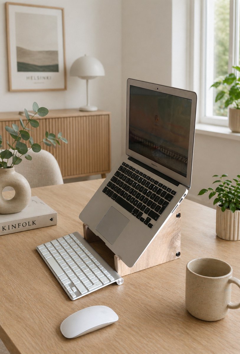 Houten laptopstand – compact & stijlvol Meer scherm - neemt minder ruimte in.
