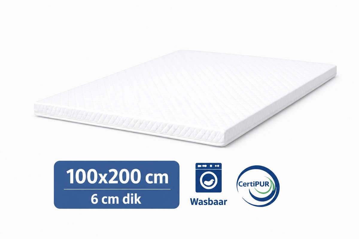 kikishop Topdekmatras 100x200 – 6 cm HR Koudschuim – Afritsbaar & Wasbaar – CertiPUR® Gecertificeerd – Medium Hardheid – Comfort Matrastopper wit