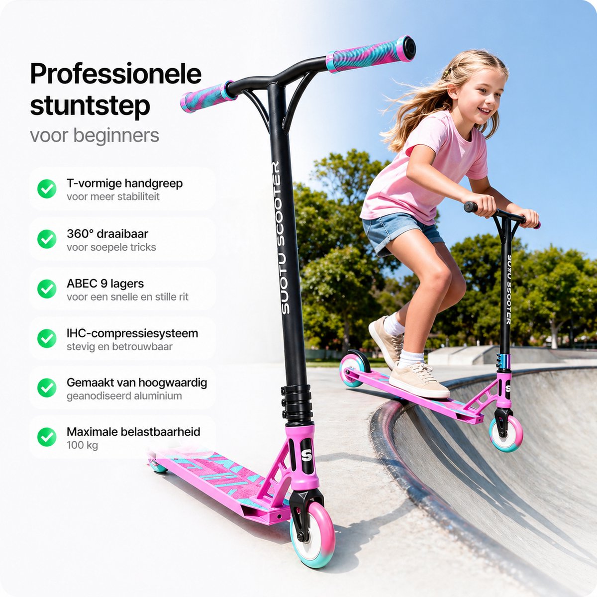 Suotu Stuntstep Professioneel - Step - 110mm - Speelgoed Jongens/Meisjes - Kinderstep - ABEC-9 - 100KG - Aluminium - Blauw/Roze — afbeelding 3