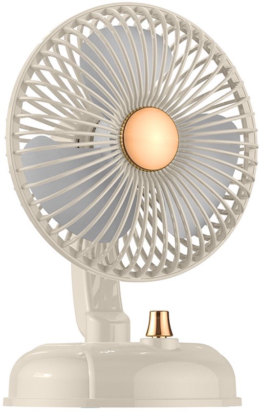 Beige retro bureauventilator met metalen bladen, 4 snelheden, verstelbare kop, stil en USB oplaadbaar, klein formaat