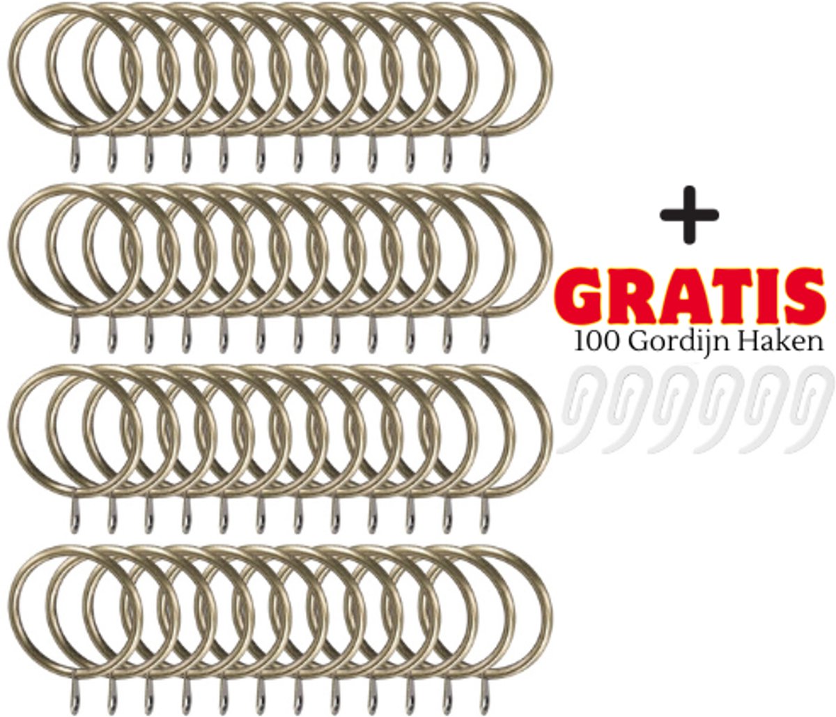 PromoHome 100 stuks metalen gordijnringen en Gratis 100 haken - 38 mm antiek bronzen gordijnringen, metaal voor stangen en railsystemen - roestvrije raamhangende ringen voor gordijnen - complete set