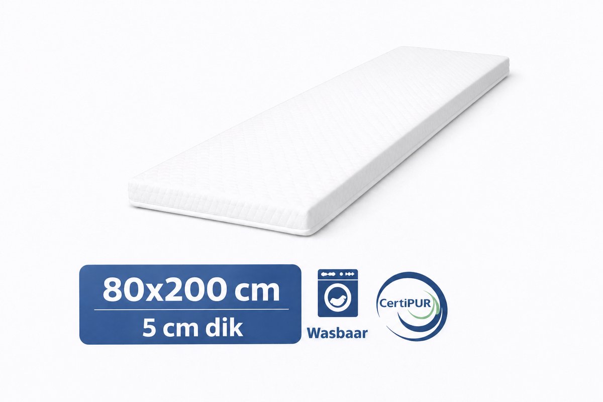 kikishop Topdekmatras 80x200 – 5 cm HR Koudschuim – Afritsbaar & Wasbaar – CertiPUR® Gecertificeerd – Medium Hardheid – Comfort Matrastopper wit