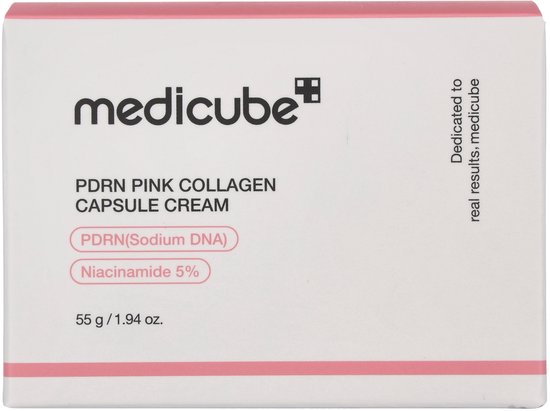 MediCube PDRN Pink Collagen Capsule Cream verpakking met roze en witte details, met informatie over PDRN en Niacinamide.