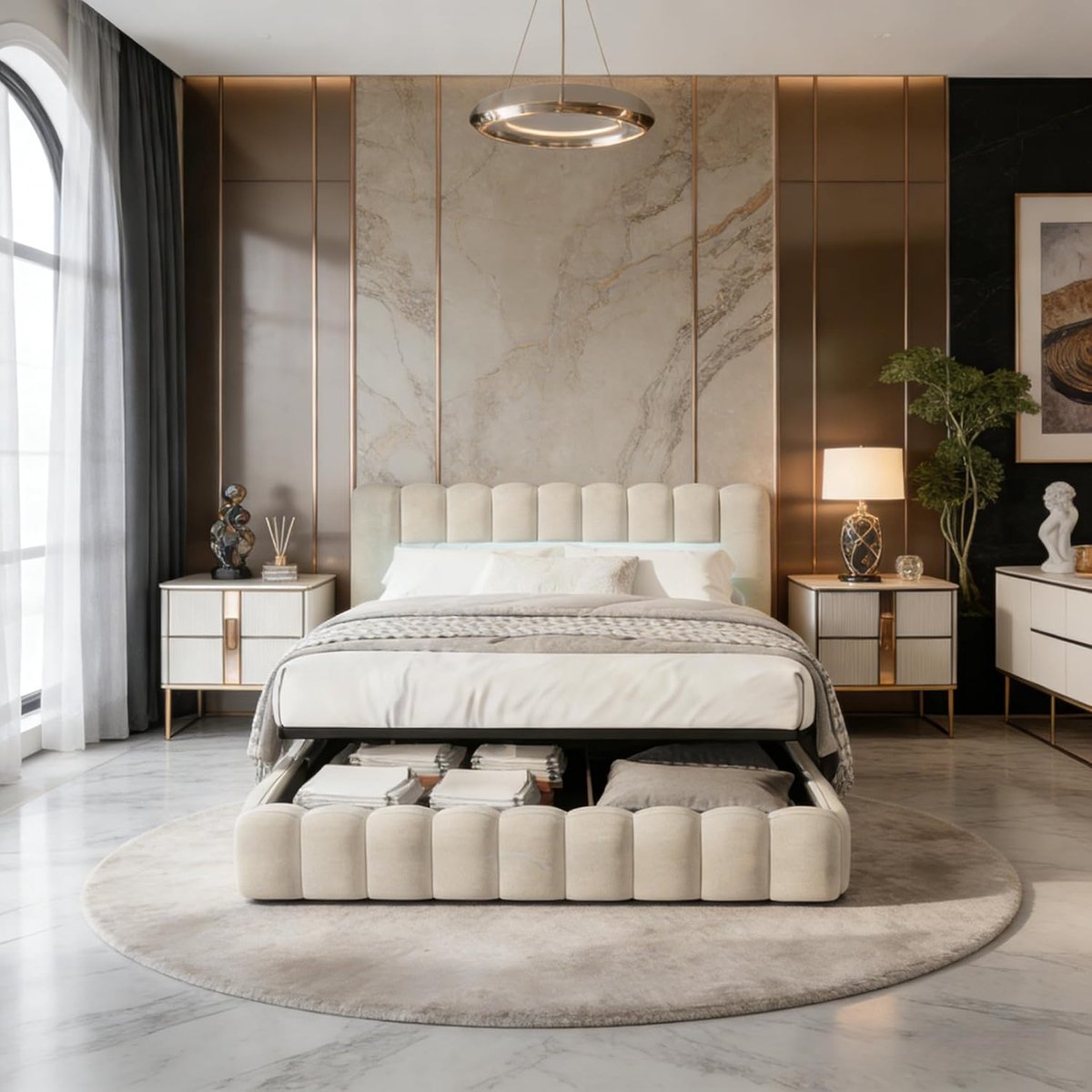 Boxspringbed 180x200 cm met Opbergruimte, RGB LED Verlichting & USB Oplaadpoorten – Tweepersoons Bed met Gasveer Heffunctie, Metalen Frame & Lattenbodem, Beige Linnen Look – Luxe Opberg Boxspring LED USB – HomebyNicole