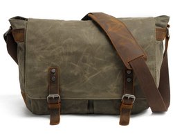Tas – Briefcase – Heren Schoudertas – Vintage Echt Leer & Gewaxte Canvas – Voor 14