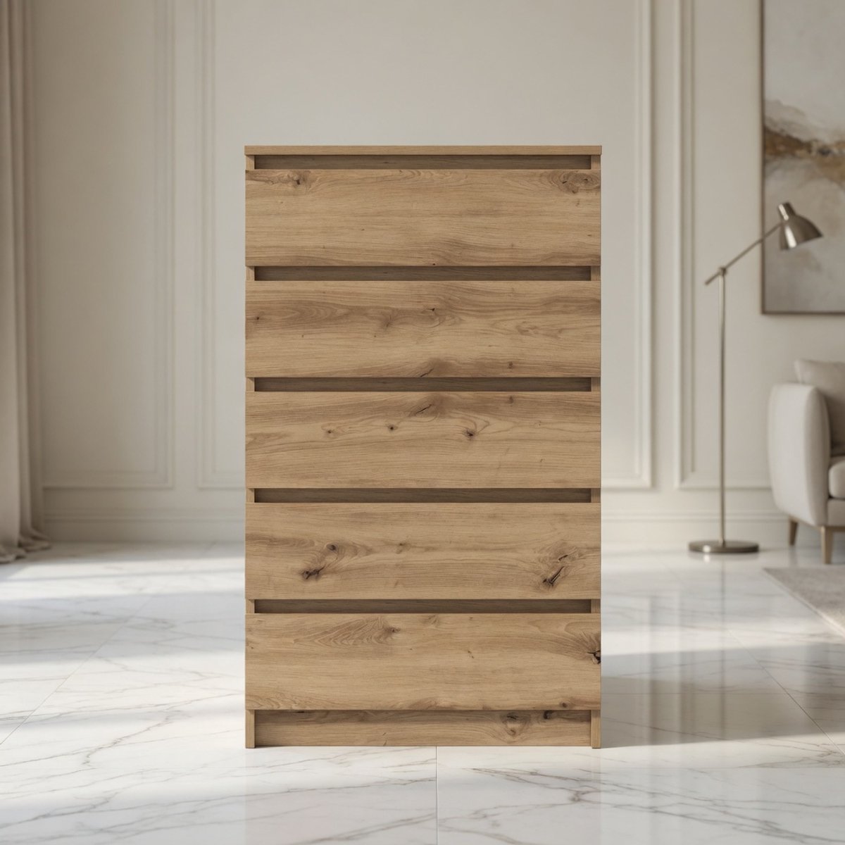 Luxe Ladekast met 5 Lades 60x36x103 cm – Moderne Opbergkast in Bruin Eiken Look – Houten Commode met Veel Opbergruimte – Dressoir Kast voor Slaapkamer, Woonkamer en Hal – Mobili Bella