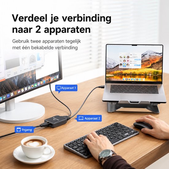 Zwarte Ethernet splitter verdeelt verbinding tussen monitor en laptop, met tekst "Apparaat 1", "Apparaat 2" en "Ingang".