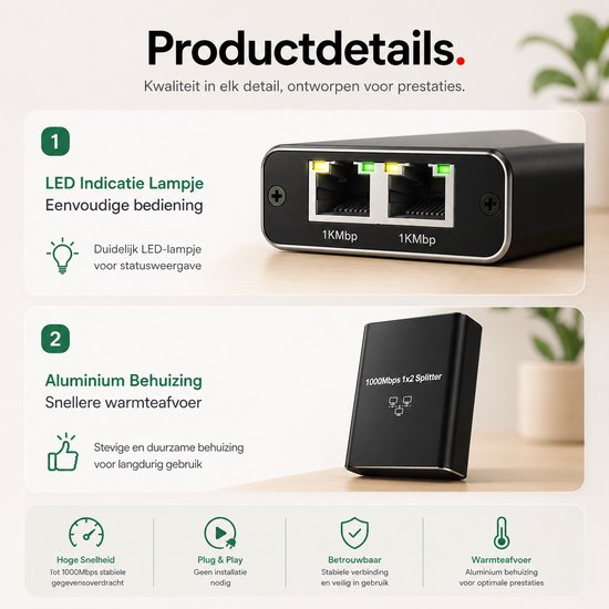 Zwarte Sounix Ethernet splitter met LED-indicatoren (1Kmbp) en een aluminium behuizing. Tekst: Productdetails.