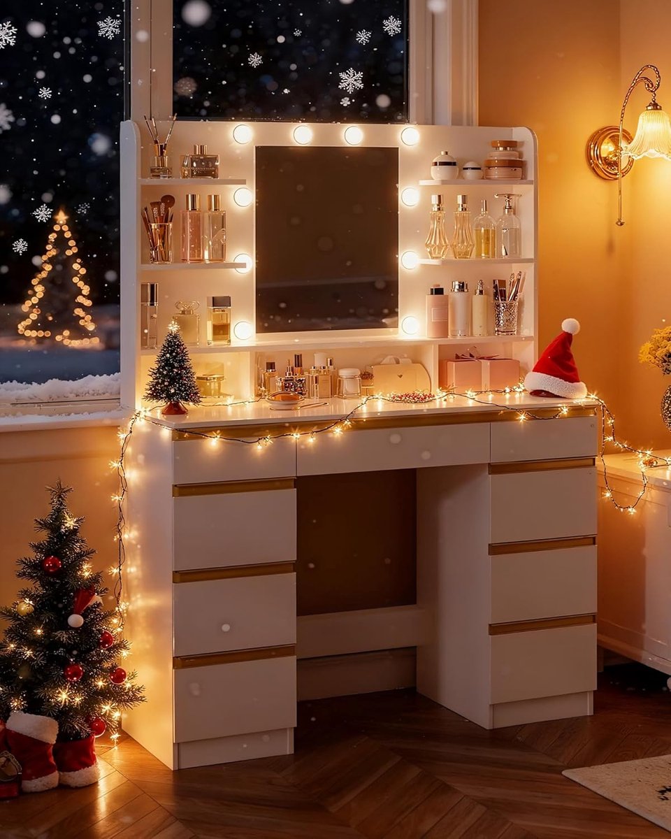Luxe LED Make-up Tafel met Spiegel, 10 Dimbare LED Lampen, 3 Lichtstanden, Grote Kaptafel met 9 Lades en 9 Open Vakken, 107x40x140 cm, Wit-Goud Moderne Schminktafel