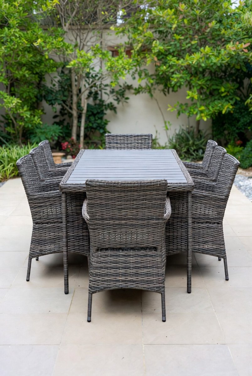 Luxe 7-delige Rotan Tuinset – 6 Persoons Tuinmeubelset met Rechthoekige Eettafel (152x96 cm) & Parasolgat 4–5 cm – Weerbestendige Polyrotan Terrasset met Stalen Frame & E-coating – Outdoor Dining Set voor Tuin & Terras – Medahomestore