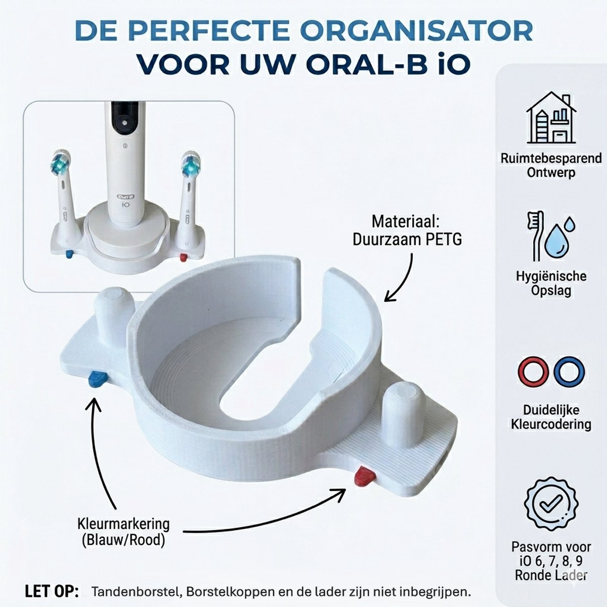 Tandenborstelhouder Geschikt voor Oral-B iO 7/8/9 – Voor 2 Opzetborstels – 3D-Geprint (PETG) – Wit