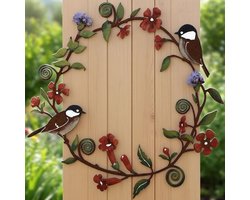 Metalen Wanddecoratie: Krans met Bloemen en Meesjes – 30 cm Hangende Vogelguirlande voor Huis, Tuin, Schutting, Erf & Buitendeur – Ronde Metalen Silhouetdecoratie