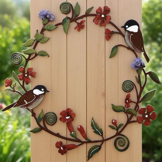 Metalen Wanddecoratie: Krans met Bloemen en Meesjes – 30 cm Hangende Vogelguirlande voor Huis, Tuin, Schutting, Erf & Buitendeur – Ronde Metalen Silhouetdecoratie