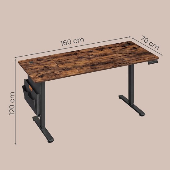 Hoogte-verstelbaar bureau met een donker, verweerd houten blad van 160x70cm en een zwarte stoffen organizer aan de zijkant.