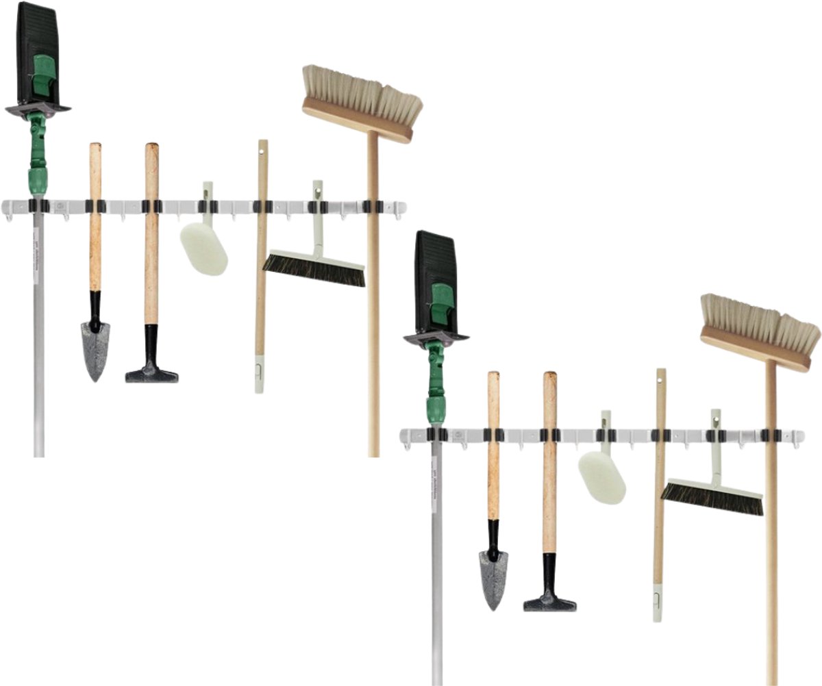 Recalma Bezemhouder Set van 2 - Gereedschapshouder Wand - Bezem Ophangsysteem Tuingereedschap - 304 RVS - 8 Haken 7 Klemmen - Zelfklevend & Schroef - Zilver