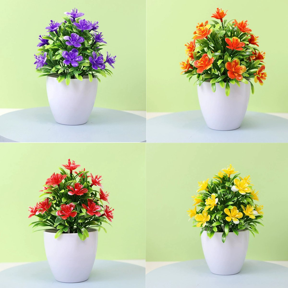 4 stuks kunstbloemen voor op tafel, levensechte mini-kunstplanten, kleine potplantjes voor decoratie binnen en buiten – voor thuis, kantoor en café, 15cm (Paars + Oranje + Rood + Geel)