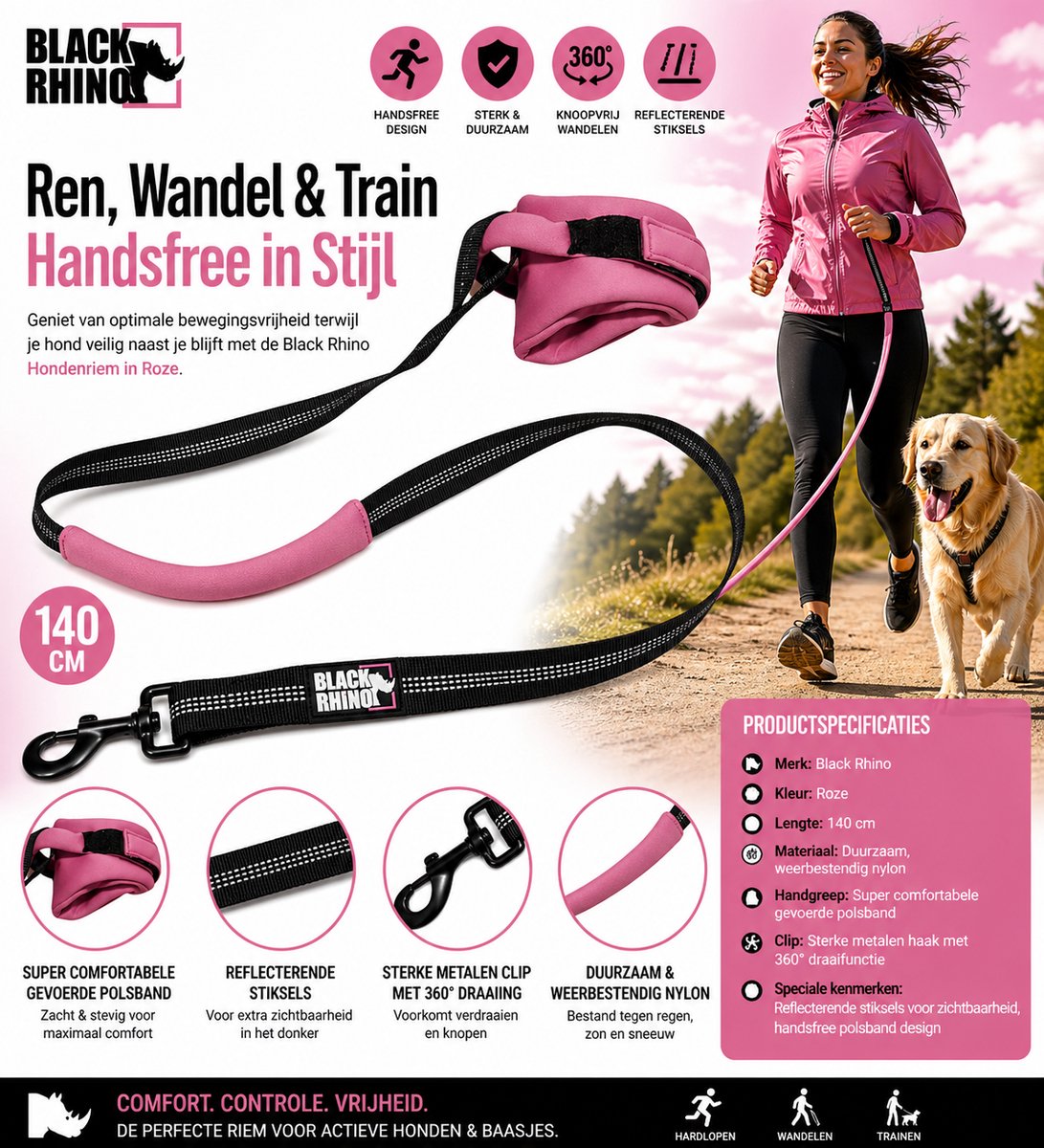 Black Rhino Hondenriem met Polsband – Roze | 140cm Comfortabele Handsfree Hondenriem | Weerbestendig Materiaal, Super Comfortabele Polsband, Sterke Metalen Clip