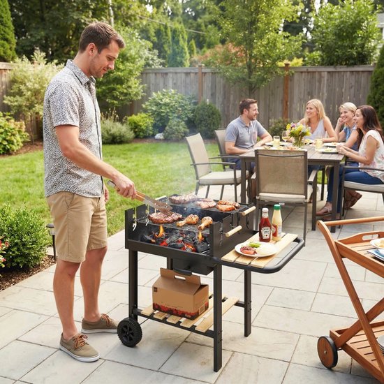 Premie Houtskool Barbecue - Smoker Barbecue - Houtskoolgrillwagen - Houtskoolgrill - met in 4 Standen Verstelbaar Grillrooster, Asbak, Wielen - BBQ voor Kamperen, Buiten, Tuin - 99,5 x 58 x 82 cm - Zwart van Merkloos — afbeelding 4