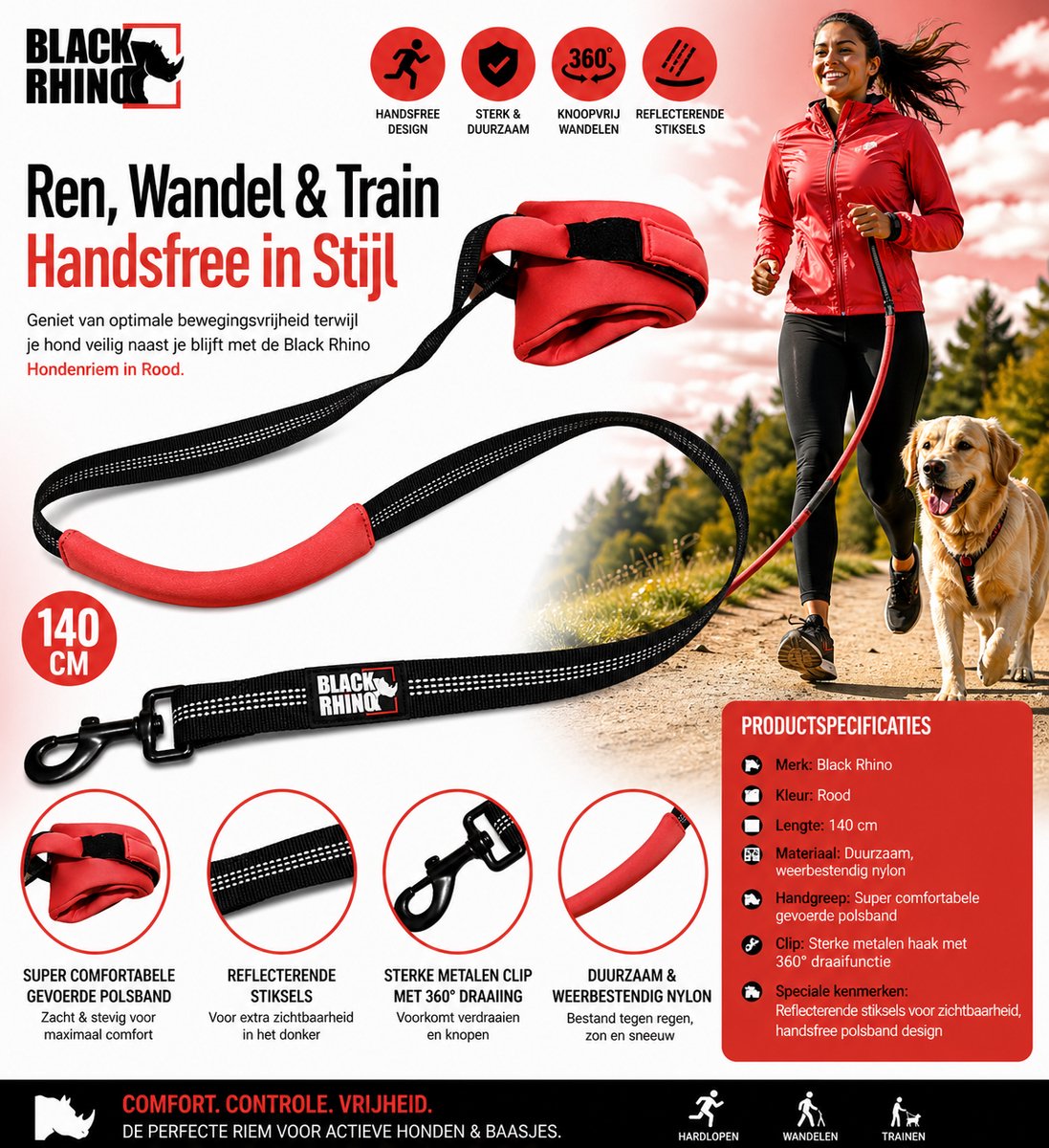 Black Rhino Hondenriem met Polsband – Rood | 140cm Comfortabele Handsfree Hondenriem | Weerbestendig Materiaal, Super Comfortabele Polsband, Sterke Metalen Clip