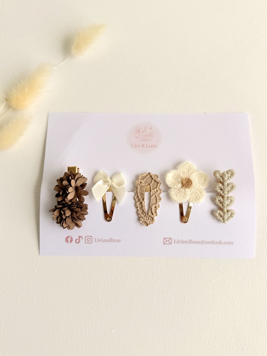 Livi Lune Haarspeldjes Meisjes Set Bruin Bloemen Strikjes Goud Cremé Wit Beige