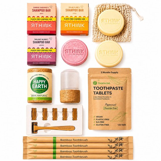 Zero Waste Reis Set – Handbagage Proof Travel Kit Zonder Vloeistoffen – 4 Bamboe Tandenborstels, Tandpasta Tabletten, Shampoo Bars, Scheermes & Deodorant – Duurzaam & Compact – Vliegtuig Veilig
