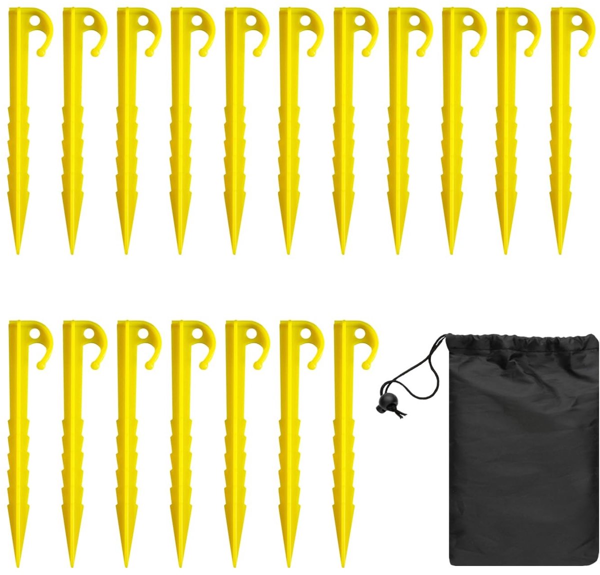 NTHProducts - Tentstokken - Sterke plastic grondpinnen - Geel - 18 stuks - Ideaal voor kamperen - Met praktische draagzak