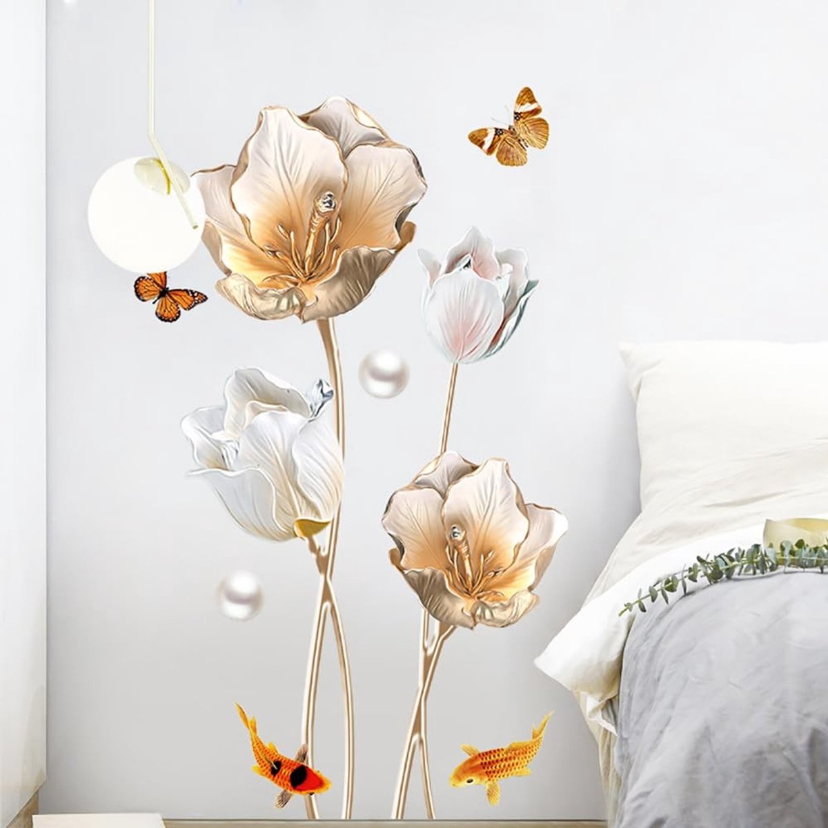 NTHProducts - 3D Flower Wall Art - Muurstickers - Decoratie voor woonkamer en slaapkamer - Gouden tulp bloemen - Verwijderbaar en eenvoudig aan te bren...